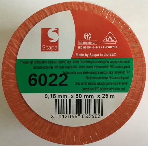 [ACCPVC60225025O] ADHESIF PVC 6022 50X25M EP15 MANDRIN Ø32 - ORANGE °